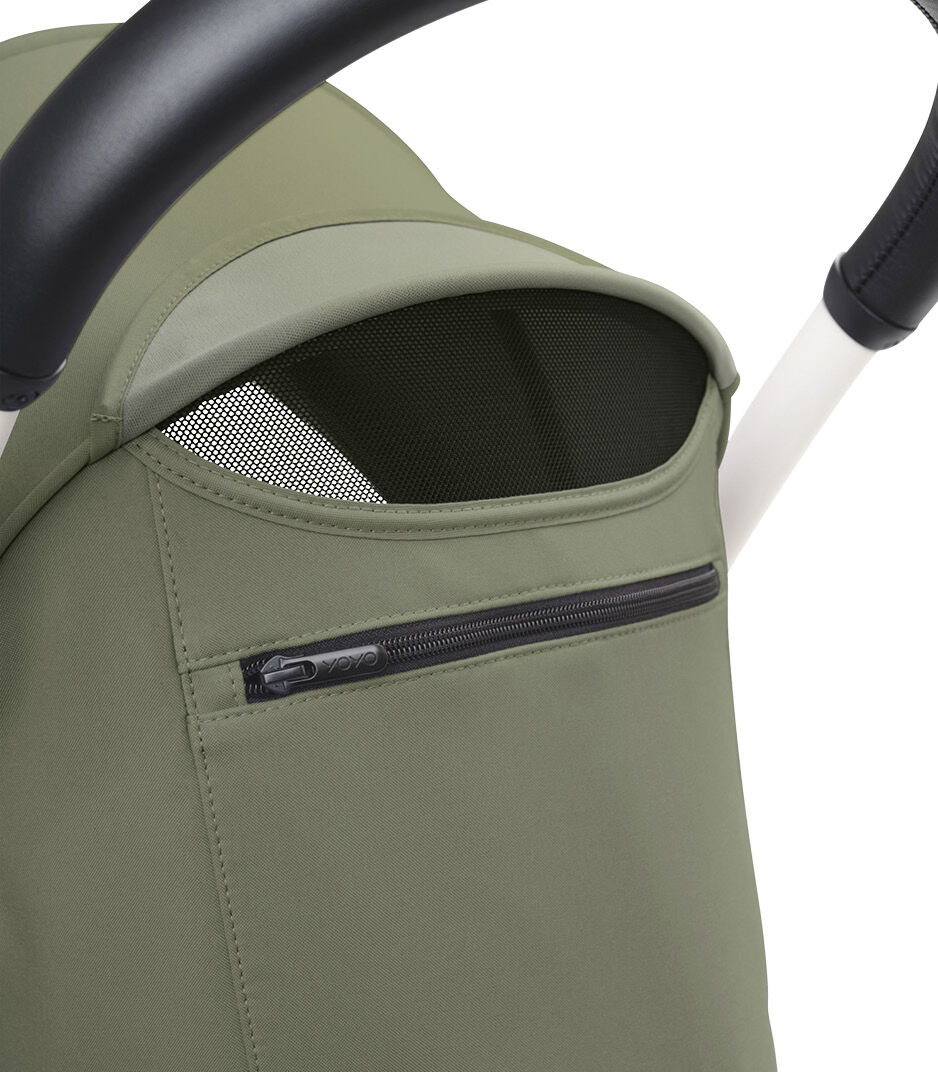 Stokke® YOYO3® 6+ Olive. White Frame. Canopy ventilation open, close-up. galery image 6